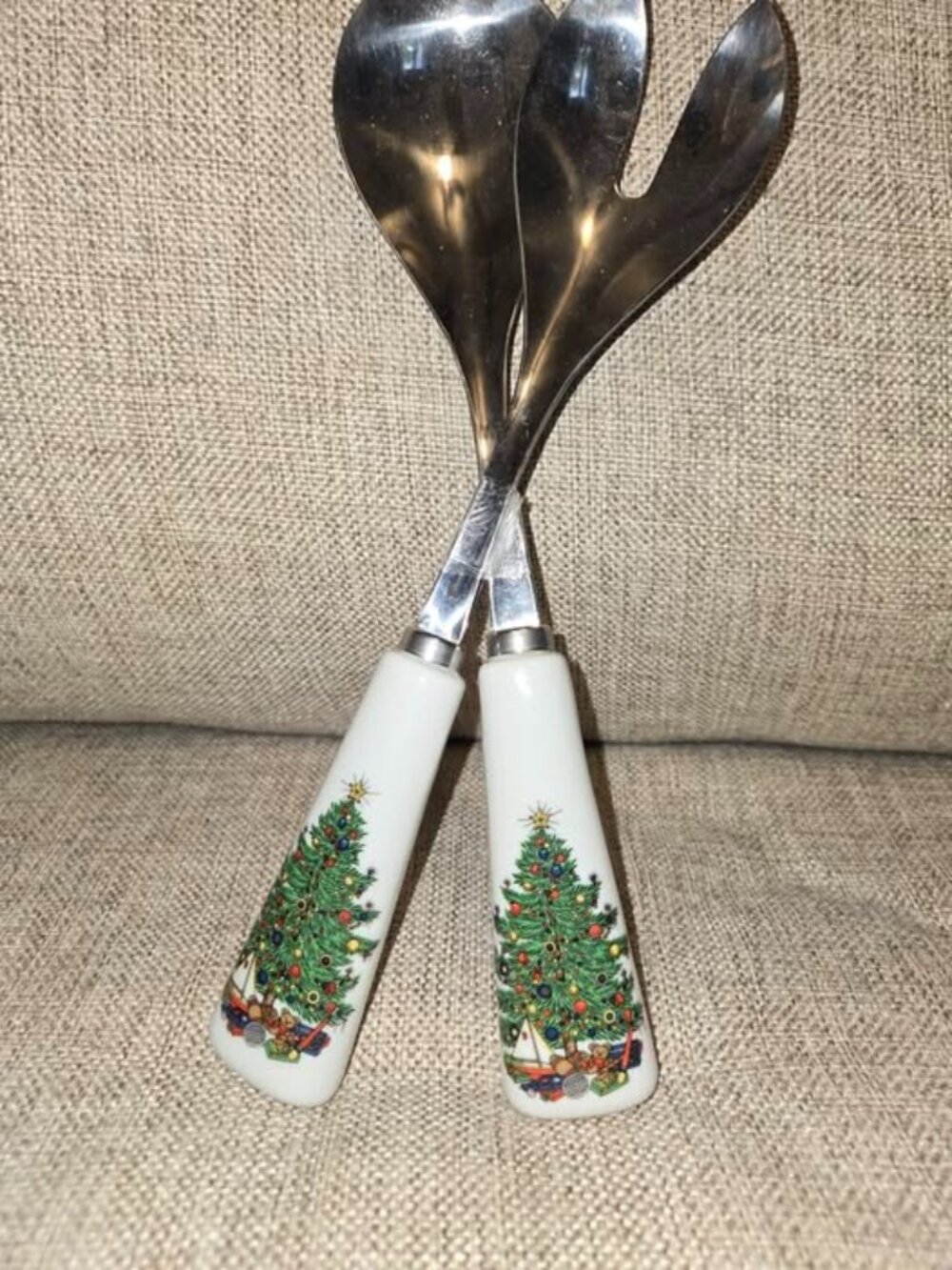 Spode Christmas Tree Salad Servers Stainless Steel Porcelian Handles